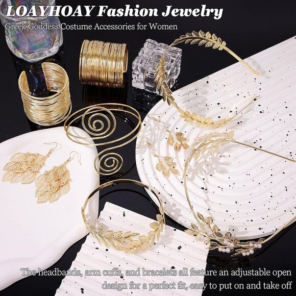 Greek Goddess Costume Accessories Set Gold Laurel Leaf Headband Bracelets Earrin main image 5